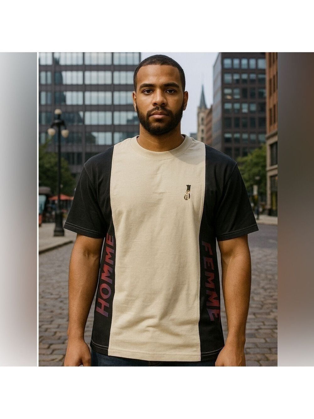 Homme + Femme Black and Cream with Pocket Charm T-Shirt